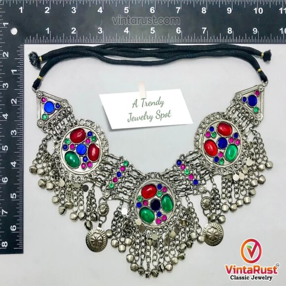 Afghan Three Rings Necklace With Red and Green Glass Stones, Kuchi Tribal Bib - Picture 7 of 9